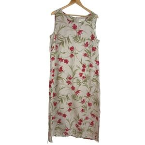 First Issue Liz Claiborne Linen Floral Midi Dress Sz 18 Beige Red Tropical 90s
